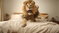 Wild Lion Jumping On Bed Sheets