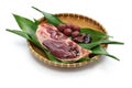 Wild mallard duck raw meat on bamboo tray Royalty Free Stock Photo