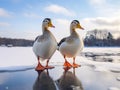 Wild mallard duck walking on ice in the winter