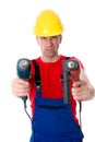 Wild man with helmet and drilling machine Royalty Free Stock Photo