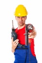 Wild man with helmet and drilling machine Royalty Free Stock Photo
