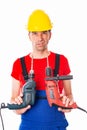 Wild man with helmet and drilling machine Royalty Free Stock Photo