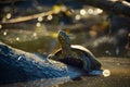 Wild marsh turtle in the pond