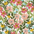 Wild meadow - dense floral garden seamless vector pattern.