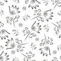 Wild meadow flower and butterfly seamless vector pattern background. Scattered flowers and butterflies black white Royalty Free Stock Photo