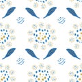 Wild meadow flowers seamless vector pattern background. Mosaic style blue yellow florals on white backdrop. Modern Royalty Free Stock Photo
