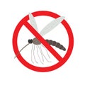 Wild mosquito in red strike-through circle. Vector illustration on white isolated background. Royalty Free Stock Photo