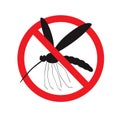 Wild mosquito in red strike-through circle. Vector illustration on white isolated background. Royalty Free Stock Photo