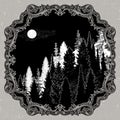 Wild mountain forest landscape.Isolated vector illustration. Invitation. Tattoo, travel, adventure, outdoors retro