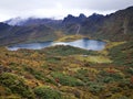 Wild mountain lake views, Dark Lake In foot of Haha Snow mountain surrounded by colorful vegetation