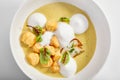 Wild mushroom cream soup with cheese profiteroles Royalty Free Stock Photo