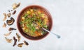 Wild mushroom mushroom soup in a brown clay plate and spoon on linen cloth top view, copy space Royalty Free Stock Photo