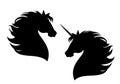Mustang stallion and fairy tale unicorn horse head profile black and white vector silhouette Royalty Free Stock Photo