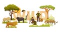 Wild nature african animals, plants, trees and men hunters with rifles, backpacks and binoculars vector illustration