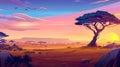 Wild nature of African savannah landscape, sunset at dusk, cartoon background with green trees, rocks and plain Royalty Free Stock Photo