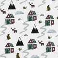 Wild nature with houses, mountains,deers and trees illustration. Nordic landscape. Seamless pattern in scandinavian style. Royalty Free Stock Photo