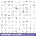 100 wild nature icons set, outline style Royalty Free Stock Photo