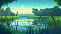 Wild nature landscape with crescent and flying birds. Early morning green swamp and cattail near lake. Pond with bulrush