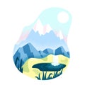 Wild nature landscape with mountain, waterfall and lake, flat vector illustration on white background Royalty Free Stock Photo