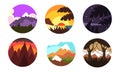 Wild Nature Landscapes in Circles Collection, Mountain and Forest Sceneries at Different Times of Day Vector