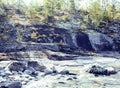 Wild north nature landscape. lot of rocks on lake shore post car