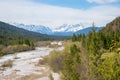 Wild Obere Isar river with riverbanks, breeding zone for birds, karwendel mountains Royalty Free Stock Photo