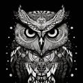 Wild owl with mystic design elements. Occult wise bird black and white symbol in vintage style. Generated AI