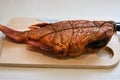 Wild Pacific sea bass Latin Sebastes or Pacific beak Latin Sebastes alutus hot smoked