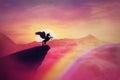 Wild pegasus silhouette on a cliff edge against a pink paradise sunset. Magical background, surreal creature as unicorn with wings