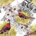 Wild Pheasant animals birds in watercolor floral seamless pattern Royalty Free Stock Photo