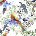 Wild Pheasant animals birds in watercolor floral seamless pattern Royalty Free Stock Photo