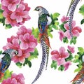Wild Pheasant animals birds in watercolor floral seamless pattern Royalty Free Stock Photo