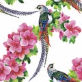 Wild Pheasant animals birds in watercolor floral seamless pattern