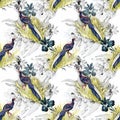 Wild Pheasant animals birds in watercolor floral seamless pattern Royalty Free Stock Photo