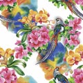 Wild Pheasant animals birds in watercolor floral seamless pattern Royalty Free Stock Photo