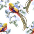 Wild Pheasant animals birds in watercolor floral seamless pattern