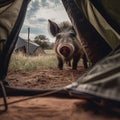 Wild pig, boar looks inside the door of the tent, an unusual angle, nature enters the house Royalty Free Stock Photo