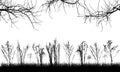 Wild plants in field, silhouette of grassland, bare branches of trees. Vector illustration