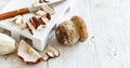 Wild porcino mushrooms sliced on a wooden board