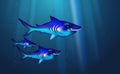 Wild predator sharks blue background small flock fish. Cartoon funny cant marine life optimized from banner design, this a happy