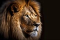 wild predators of africa portrait of head of furry lion on black background