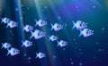 Wild predators blue background flock of small fish. Cartoon funny cant marine life optimized from banner design, this illustration