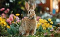 Wild Rabbit Sitting Amongst Vibrant Flowers in a Spring Meadow Royalty Free Stock Photo
