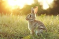 Wild rabbit in sunlit garden. Generative AI Royalty Free Stock Photo