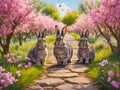 Wild rabbits playing on a path in the countryside. Watercolour style. Royalty Free Stock Photo