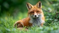 Wild red fox in green grass looking agressive