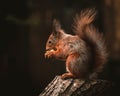 A wild red squirrel on a tree stump feeding on nuts Royalty Free Stock Photo