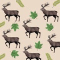 Wild reindeer animals and leafs pattern