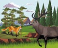 Wild reindeer and fox in the landscape