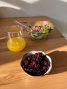 Wild Rice. Black Rice with Tuna Fish Salad Healthy Organic Sporty Athlete Food. Forbidden Rice and Orange Juice Royalty Free Stock Photo